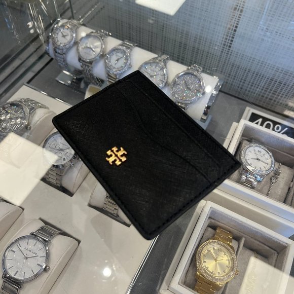 Tory Burch Emerson Slim Saffiano Leather Card Case in Black - Picture 5 of 7